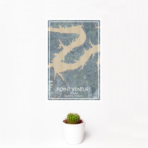 12x18 Point Venture Texas Map Print Portrait Orientation in Afternoon Style With Small Cactus Plant in White Planter