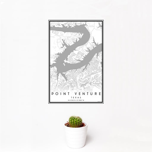 12x18 Point Venture Texas Map Print Portrait Orientation in Classic Style With Small Cactus Plant in White Planter