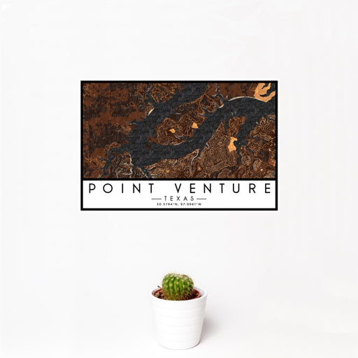 12x18 Point Venture Texas Map Print Landscape Orientation in Ember Style With Small Cactus Plant in White Planter