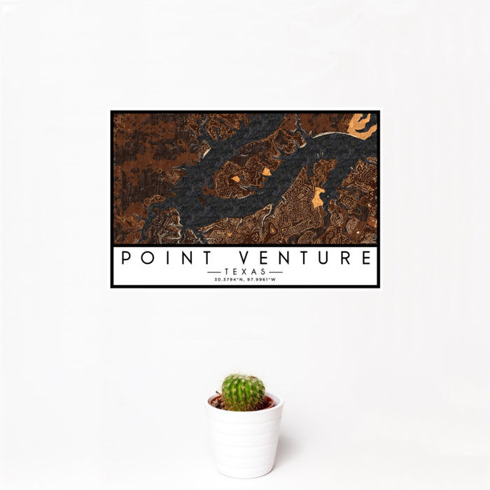 12x18 Point Venture Texas Map Print Landscape Orientation in Ember Style With Small Cactus Plant in White Planter