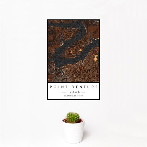 12x18 Point Venture Texas Map Print Portrait Orientation in Ember Style With Small Cactus Plant in White Planter