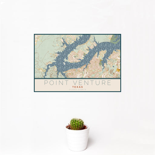 12x18 Point Venture Texas Map Print Landscape Orientation in Woodblock Style With Small Cactus Plant in White Planter