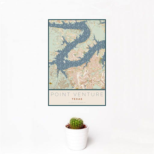 12x18 Point Venture Texas Map Print Portrait Orientation in Woodblock Style With Small Cactus Plant in White Planter