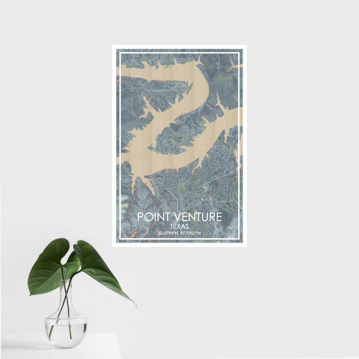 16x24 Point Venture Texas Map Print Portrait Orientation in Afternoon Style With Tropical Plant Leaves in Water