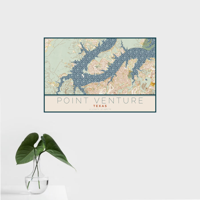 16x24 Point Venture Texas Map Print Landscape Orientation in Woodblock Style With Tropical Plant Leaves in Water