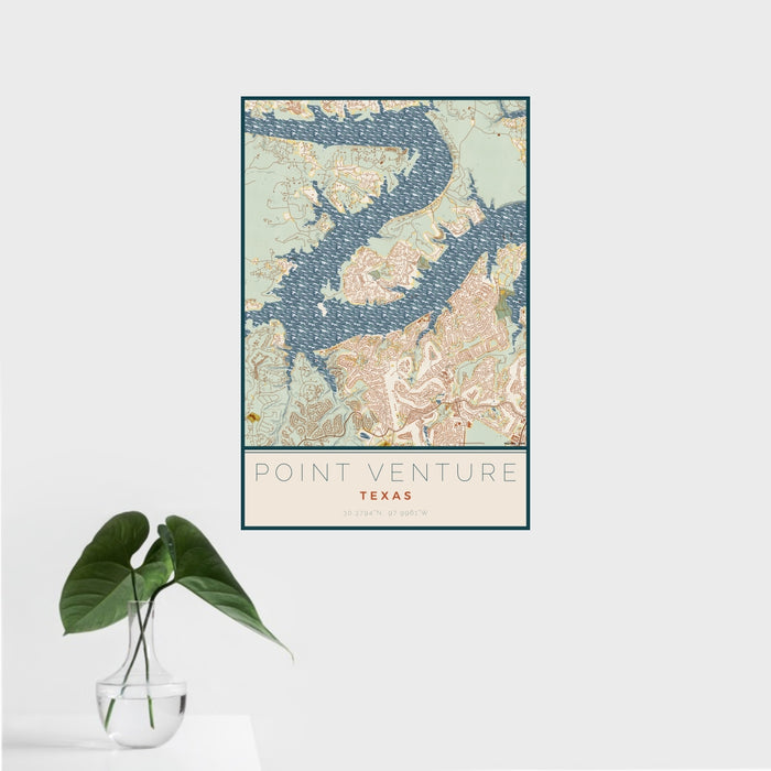 16x24 Point Venture Texas Map Print Portrait Orientation in Woodblock Style With Tropical Plant Leaves in Water