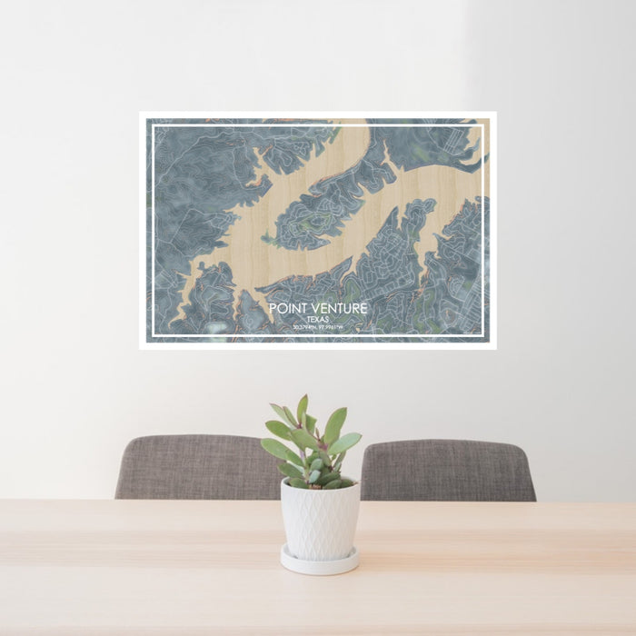 24x36 Point Venture Texas Map Print Lanscape Orientation in Afternoon Style Behind 2 Chairs Table and Potted Plant