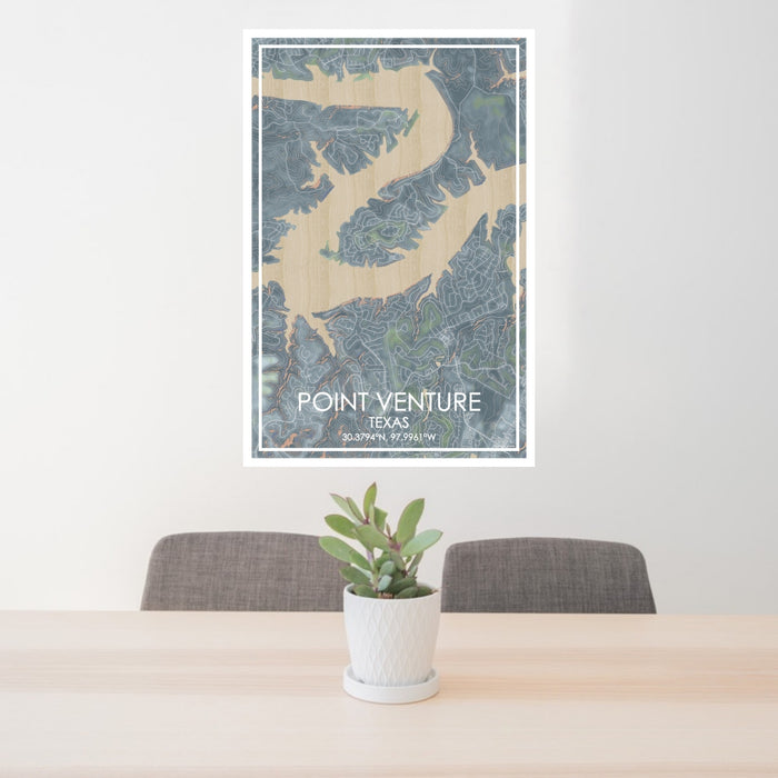24x36 Point Venture Texas Map Print Portrait Orientation in Afternoon Style Behind 2 Chairs Table and Potted Plant
