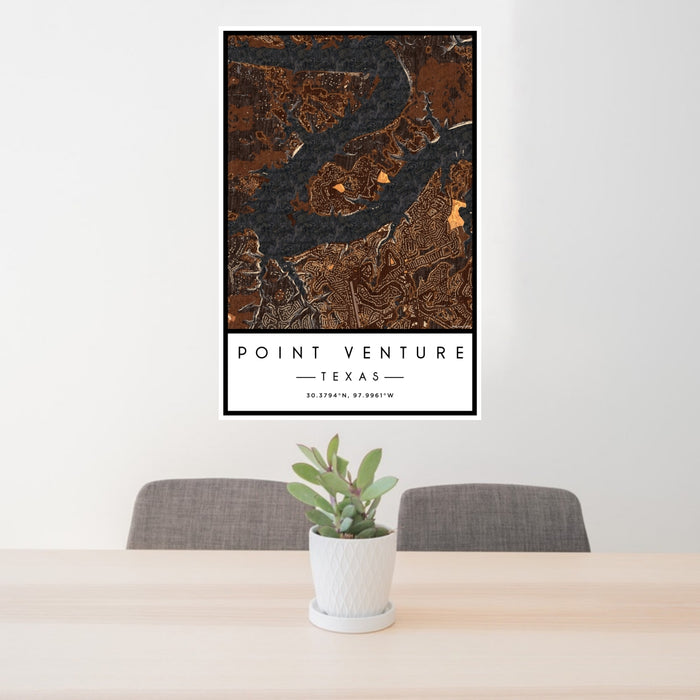 24x36 Point Venture Texas Map Print Portrait Orientation in Ember Style Behind 2 Chairs Table and Potted Plant