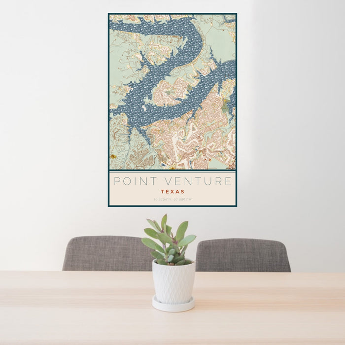 24x36 Point Venture Texas Map Print Portrait Orientation in Woodblock Style Behind 2 Chairs Table and Potted Plant