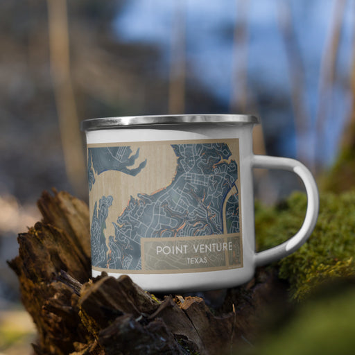 Right View Custom Point Venture Texas Map Enamel Mug in Afternoon on Grass With Trees in Background