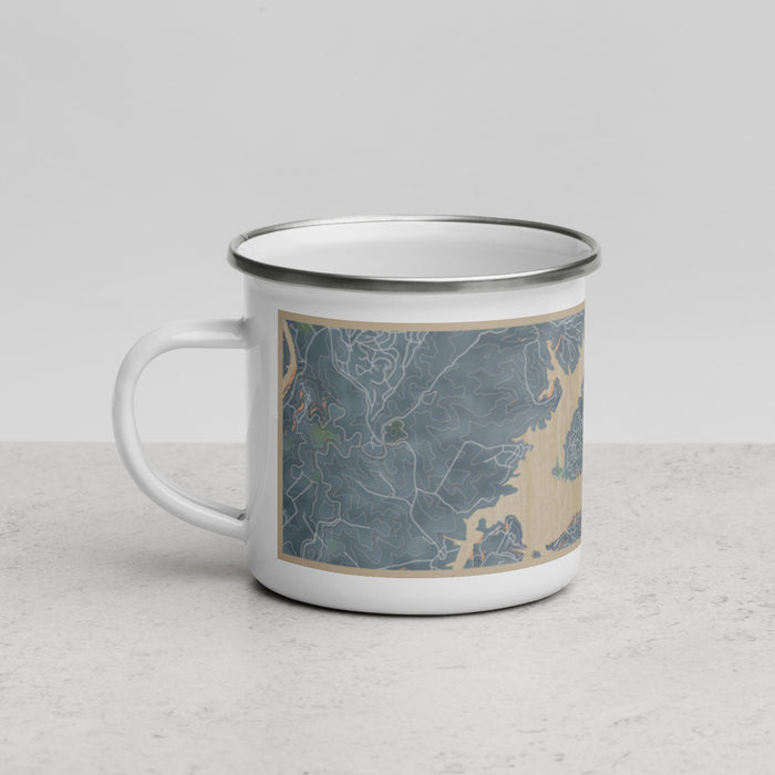 Left View Custom Point Venture Texas Map Enamel Mug in Afternoon