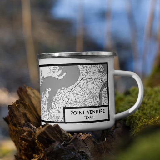 Right View Custom Point Venture Texas Map Enamel Mug in Classic on Grass With Trees in Background