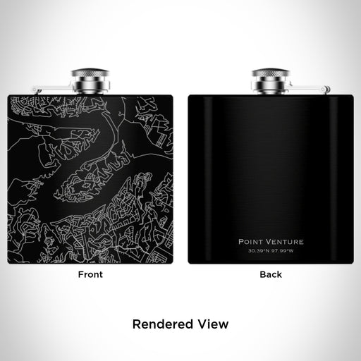 Rendered View of Point Venture Texas Map Engraving on 6oz Stainless Steel Flask in Black