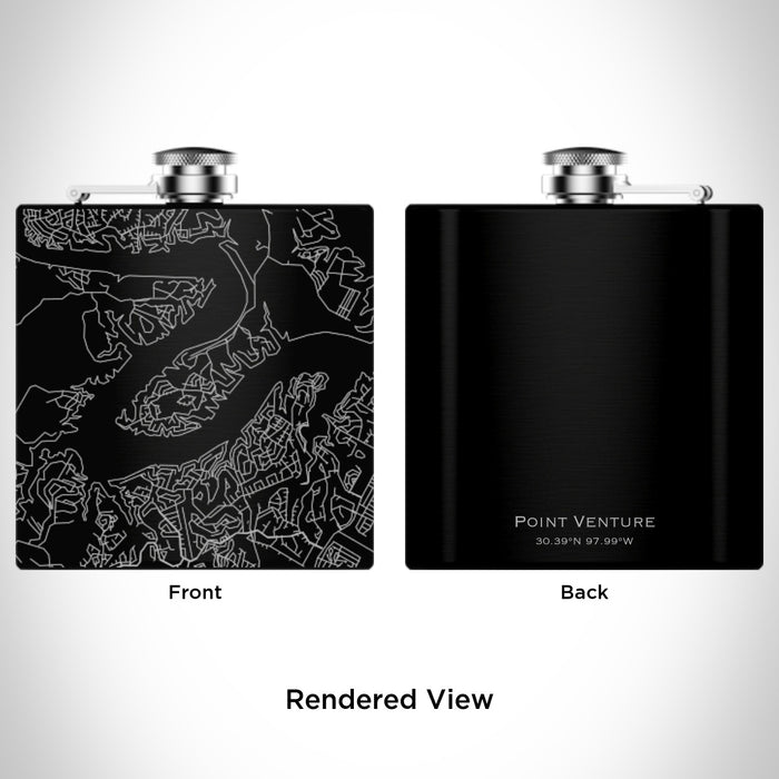 Rendered View of Point Venture Texas Map Engraving on 6oz Stainless Steel Flask in Black