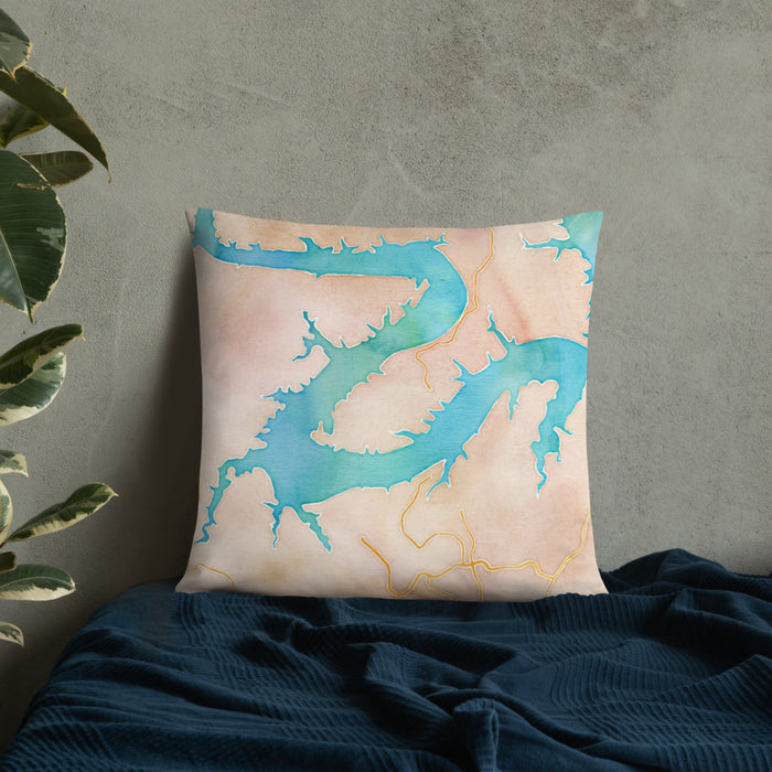 Custom Point Venture Texas Map Throw Pillow in Watercolor on Bedding Against Wall