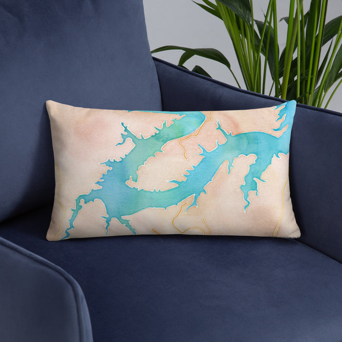 Custom Point Venture Texas Map Throw Pillow in Watercolor on Blue Colored Chair