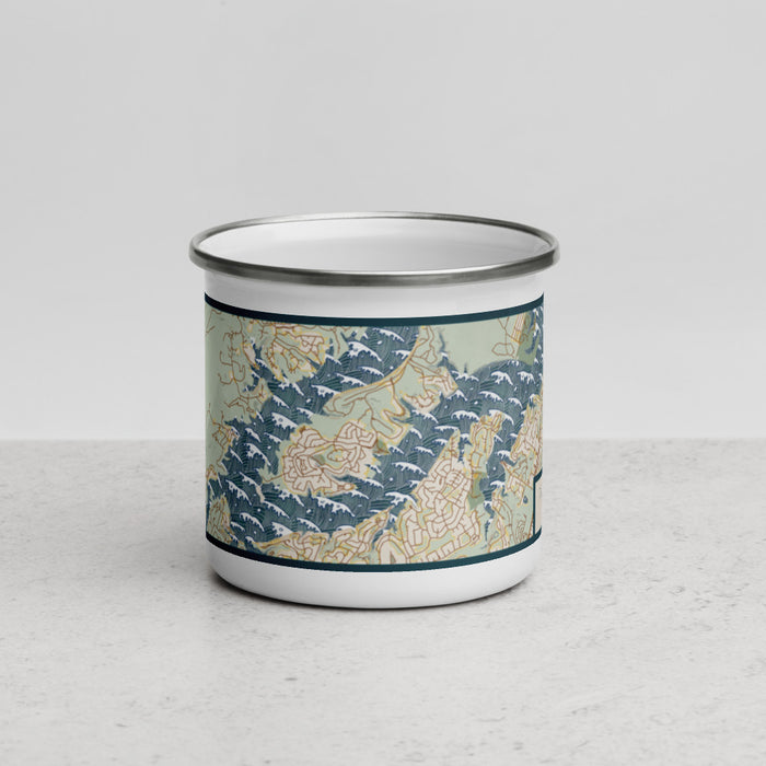 Front View Custom Point Venture Texas Map Enamel Mug in Woodblock