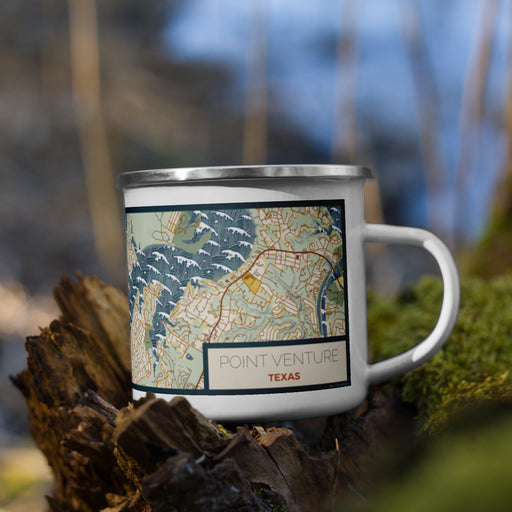 Right View Custom Point Venture Texas Map Enamel Mug in Woodblock on Grass With Trees in Background