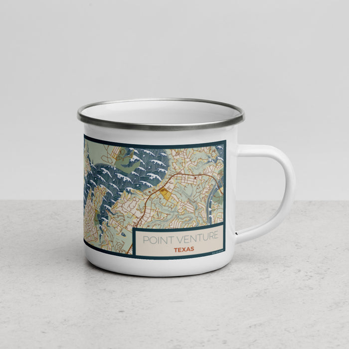 Right View Custom Point Venture Texas Map Enamel Mug in Woodblock