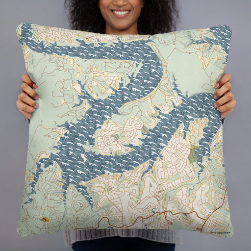 Person holding 22x22 Custom Point Venture Texas Map Throw Pillow in Woodblock