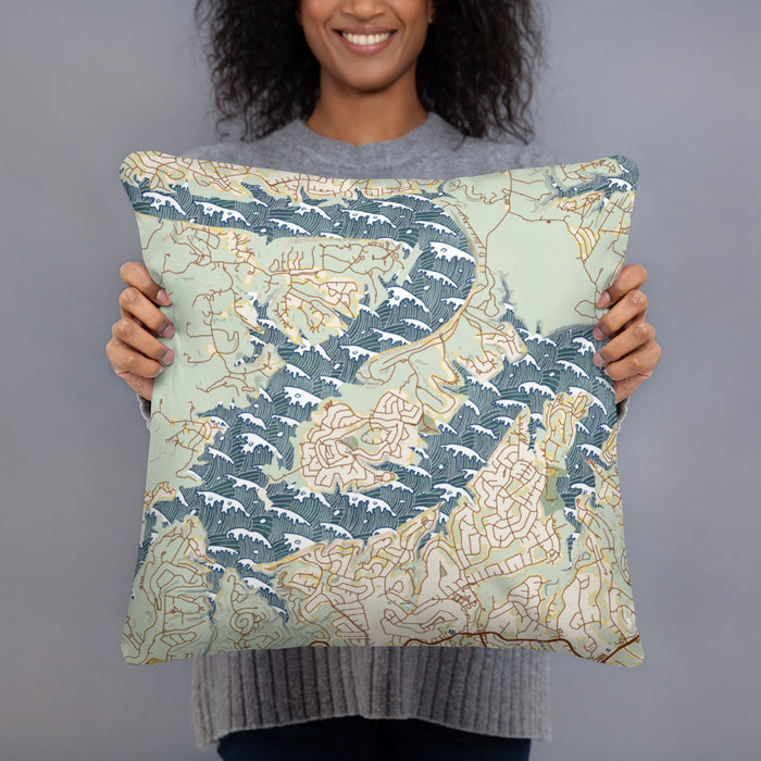 Person holding 18x18 Custom Point Venture Texas Map Throw Pillow in Woodblock