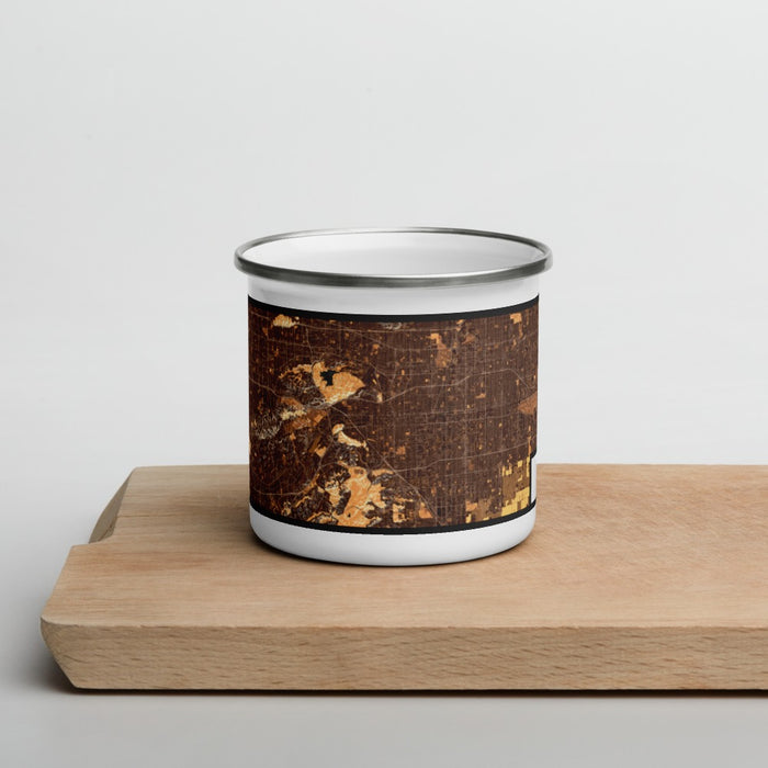 Front View Custom Pomona California Map Enamel Mug in Ember on Cutting Board