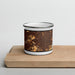 Front View Custom Pomona California Map Enamel Mug in Ember on Cutting Board