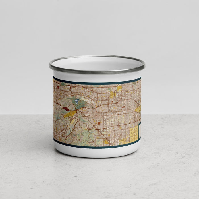 Front View Custom Pomona California Map Enamel Mug in Woodblock