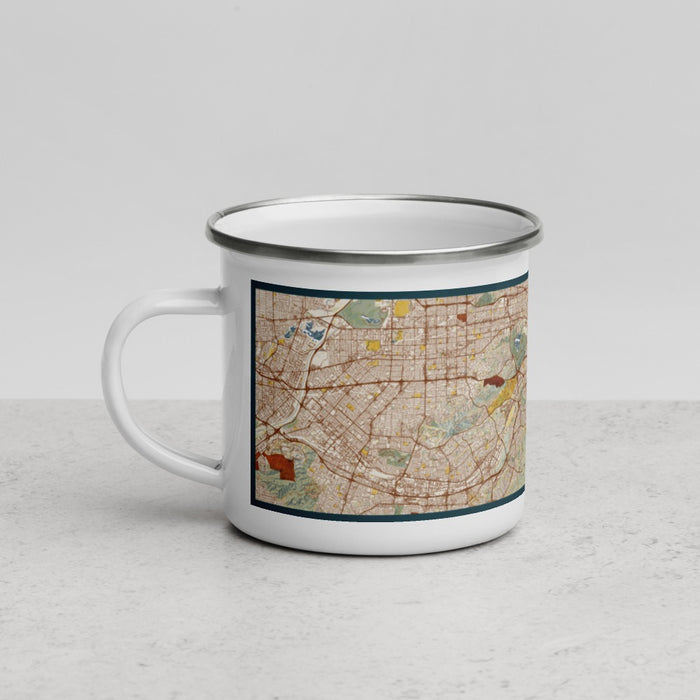 Left View Custom Pomona California Map Enamel Mug in Woodblock