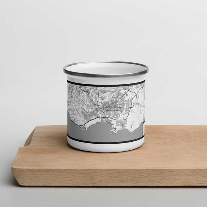 Front View Custom Ponce Ponce Map Enamel Mug in Classic on Cutting Board