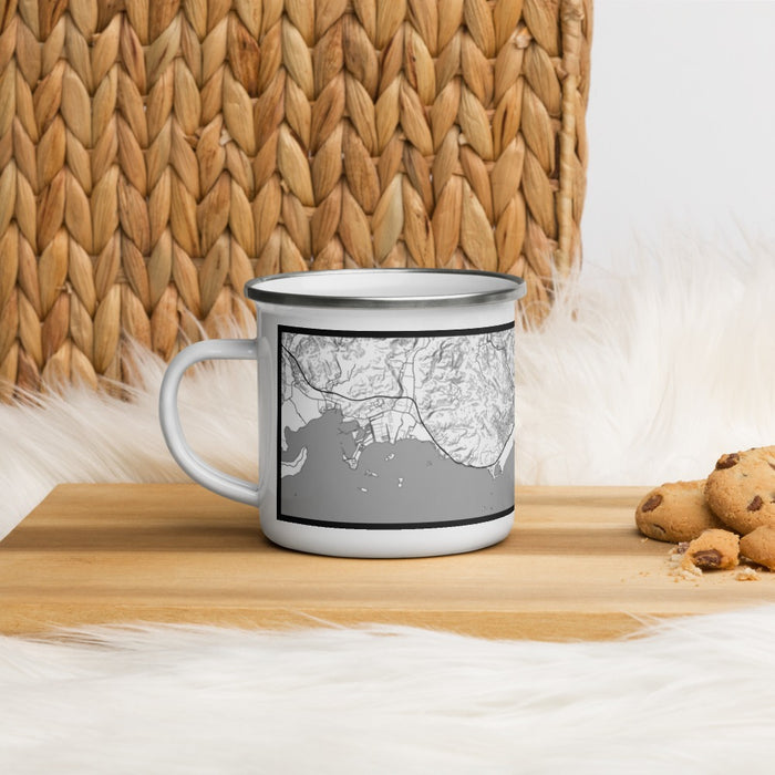 Left View Custom Ponce Ponce Map Enamel Mug in Classic on Table Top