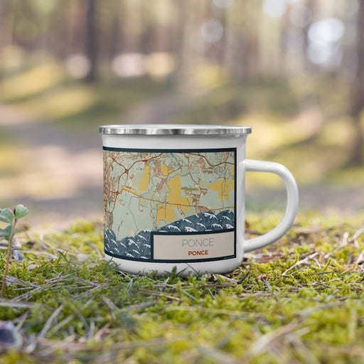 Right View Custom Ponce Ponce Map Enamel Mug in Woodblock on Grass With Trees in Background