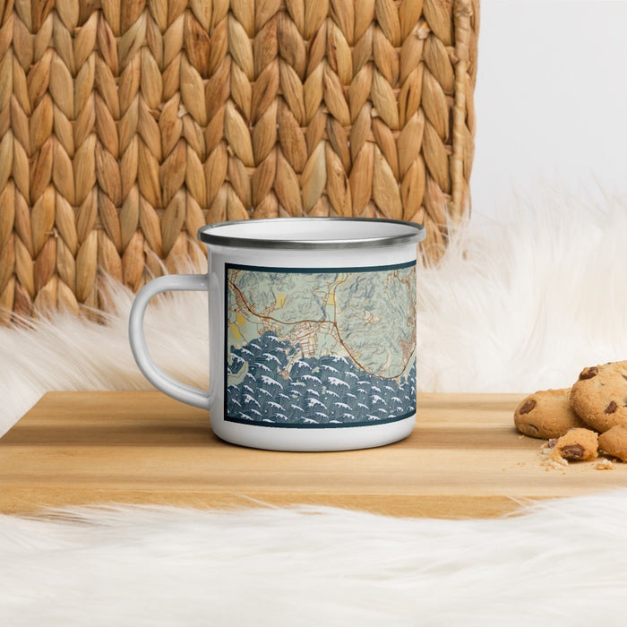Left View Custom Ponce Ponce Map Enamel Mug in Woodblock on Table Top