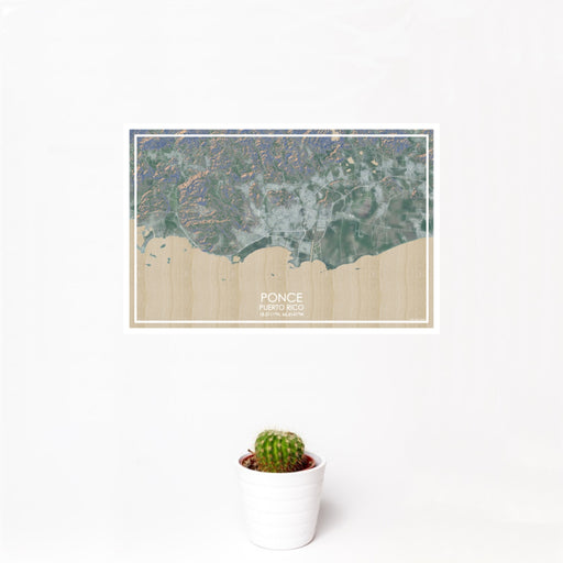 12x18 Ponce Puerto Rico Map Print Landscape Orientation in Afternoon Style With Small Cactus Plant in White Planter