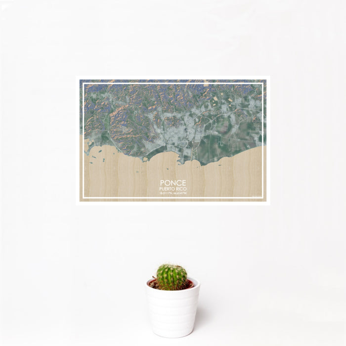 12x18 Ponce Puerto Rico Map Print Landscape Orientation in Afternoon Style With Small Cactus Plant in White Planter