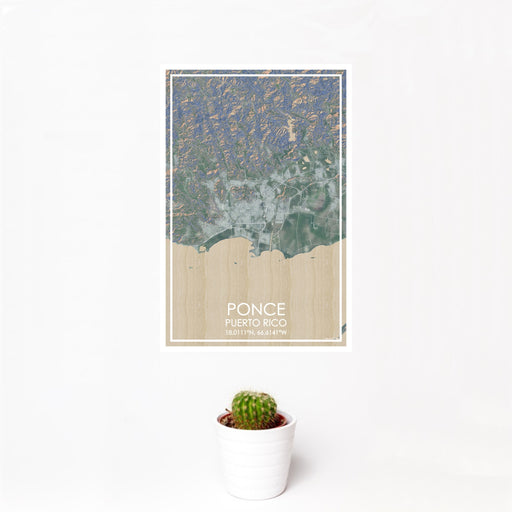 12x18 Ponce Puerto Rico Map Print Portrait Orientation in Afternoon Style With Small Cactus Plant in White Planter