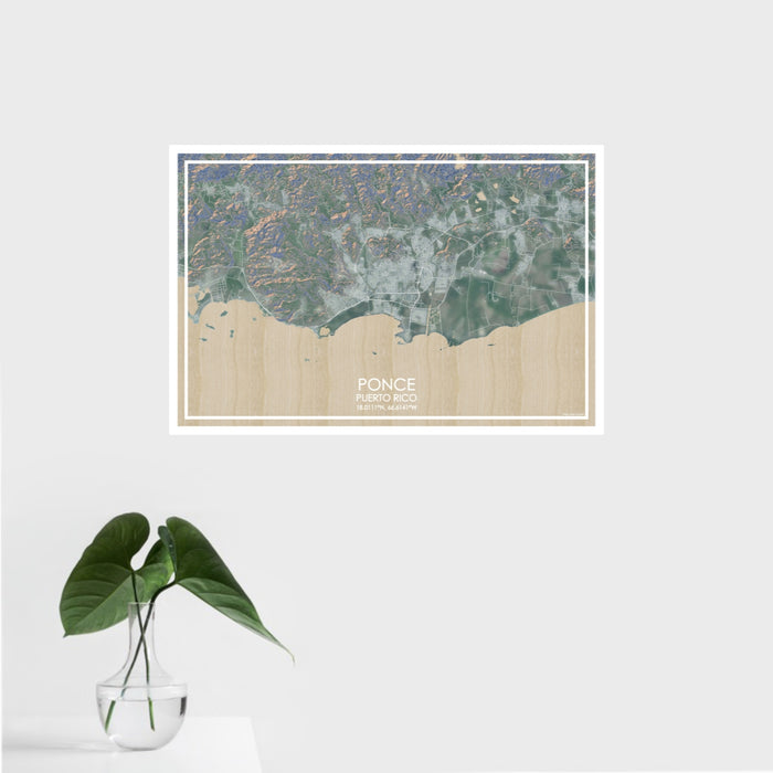 16x24 Ponce Puerto Rico Map Print Landscape Orientation in Afternoon Style With Tropical Plant Leaves in Water