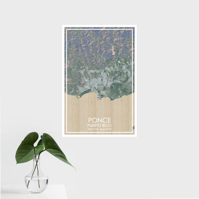 16x24 Ponce Puerto Rico Map Print Portrait Orientation in Afternoon Style With Tropical Plant Leaves in Water