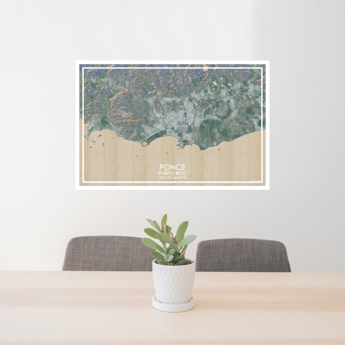 24x36 Ponce Puerto Rico Map Print Lanscape Orientation in Afternoon Style Behind 2 Chairs Table and Potted Plant