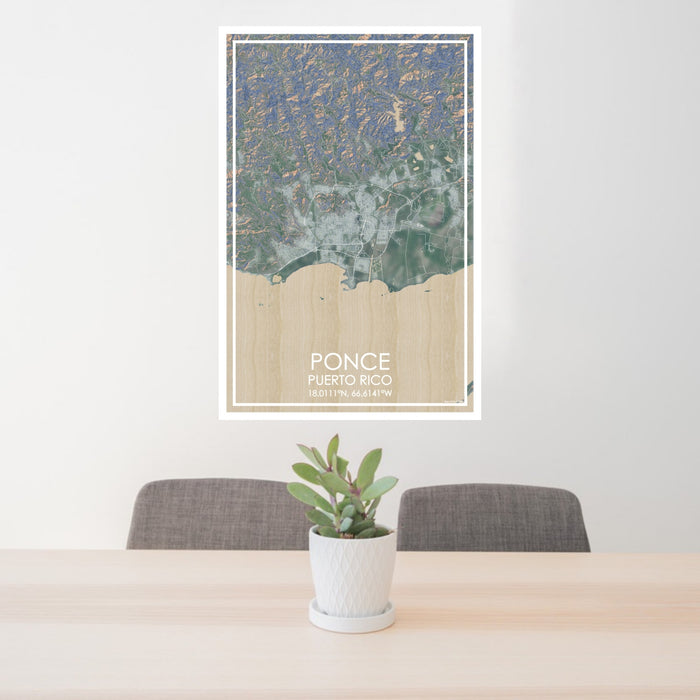24x36 Ponce Puerto Rico Map Print Portrait Orientation in Afternoon Style Behind 2 Chairs Table and Potted Plant