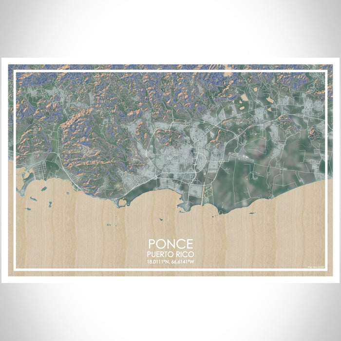 Ponce Puerto Rico Map Print Landscape Orientation in Afternoon Style With Shaded Background