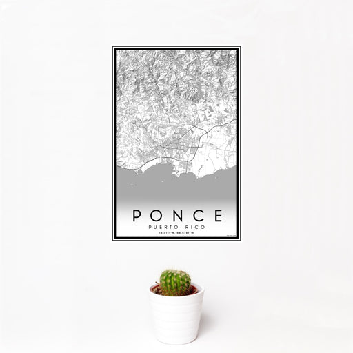 12x18 Ponce Puerto Rico Map Print Portrait Orientation in Classic Style With Small Cactus Plant in White Planter