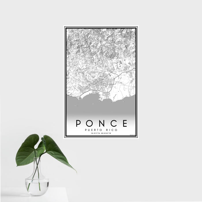 16x24 Ponce Puerto Rico Map Print Portrait Orientation in Classic Style With Tropical Plant Leaves in Water