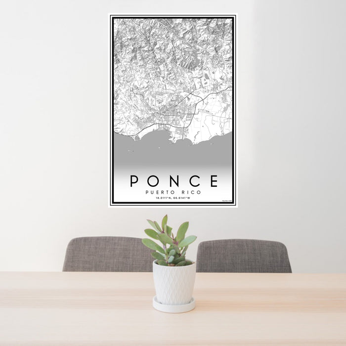 24x36 Ponce Puerto Rico Map Print Portrait Orientation in Classic Style Behind 2 Chairs Table and Potted Plant