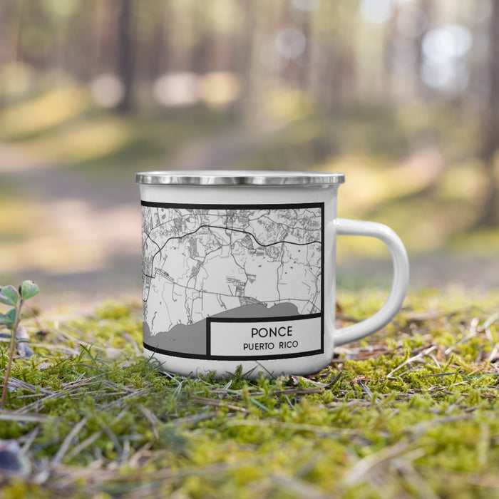 Right View Custom Ponce Puerto Rico Map Enamel Mug in Classic on Grass With Trees in Background