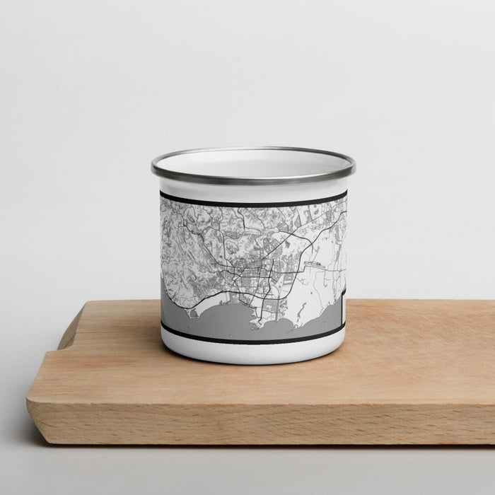 Front View Custom Ponce Puerto Rico Map Enamel Mug in Classic on Cutting Board