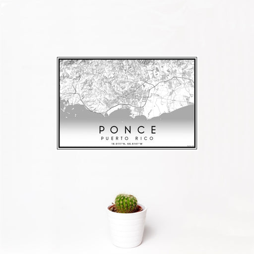 12x18 Ponce Puerto Rico Map Print Landscape Orientation in Classic Style With Small Cactus Plant in White Planter