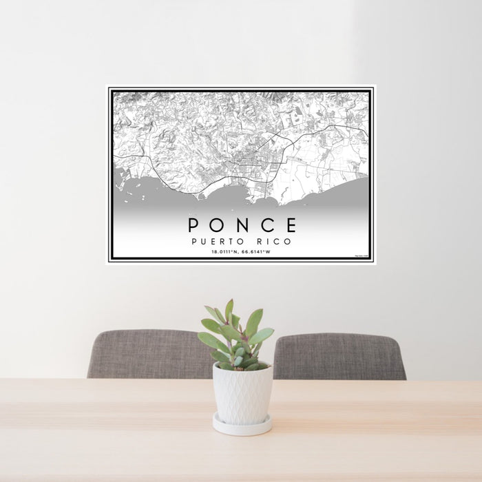 24x36 Ponce Puerto Rico Map Print Landscape Orientation in Classic Style Behind 2 Chairs Table and Potted Plant