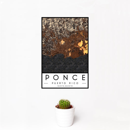 12x18 Ponce Puerto Rico Map Print Portrait Orientation in Ember Style With Small Cactus Plant in White Planter
